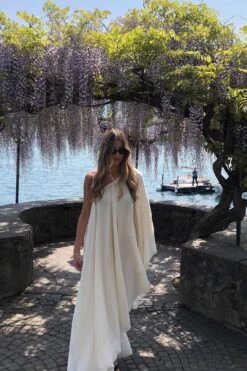 One Sleeve Chiffon Slanted Midi Dress