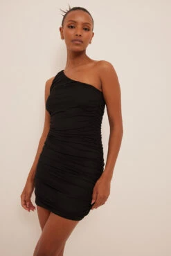 One Shoulder Rouched Mesh Dress -Na-Kd nakd one shoulder rouched mesh dress 1017 001790 0002 02