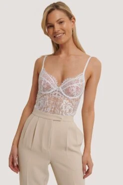 Raw Edge Lace Cup V-String Bodysuit