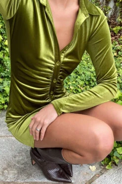 Rouched Button Velvet Dress