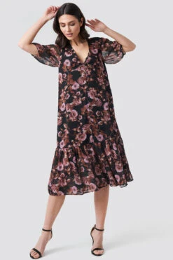 V-Neck Puff Sleeve Chiffon Dress -Na-Kd nakd v neck puff sleeve chiffon dress 1014 000285 4177 03c r