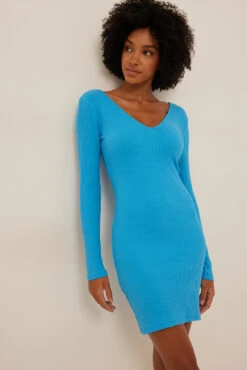 V-Neck Rib Long Sleeved Mini Dress -Na-Kd nakd v neck rib long sleeved mini dress 1100 005925 0003 0127