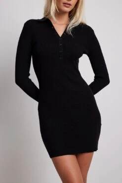 Ribbed Knitted Button Detail Mini Dress